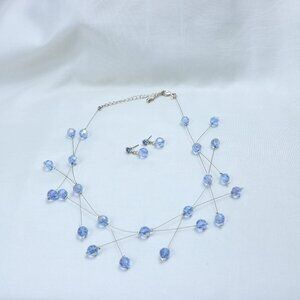 Vintage Blue Crystal Floating Necklace & Earrings Set | Delicate Wire Design